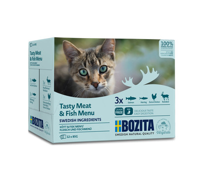 BOZITA Nassfutter für Katzen Multibox Fisch & Fleisch Häppchen in Soße, 12 x 85 g