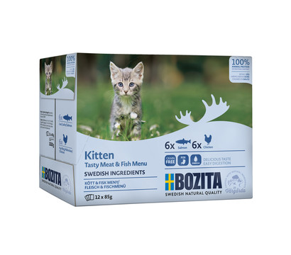 BOZITA Nassfutter für Katzen Multibox Fisch & Fleisch Häppchen in Soße, Kitten, 12 x 85 g