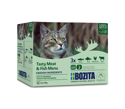 BOZITA Nassfutter für Katzen Multibox Fleisch & Fisch Häppchen in Gelee, 12 x 85 g
