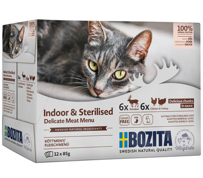 BOZITA Nassfutter für Katzen Multibox Fleisch Indoor & Sterilised Häppchen in Soße, 12 x 85 g