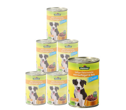 Dehner Nassfutter für Hunde Junior, Geflügel & Reis, 6 x 400 g/800 g