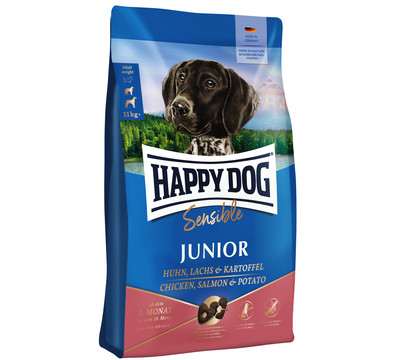 Happy Dog Trockenfutter für Hunde Supreme Sensible Junior, Huhn, Lachs & Kartoffel