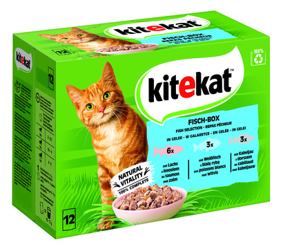 KITEKAT® Nassfutter für Katzen Multipack Fisch-Box in Gelee, Adult, 12 x 85 g