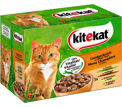 KITEKAT® Nassfutter für Katzen Multipack Landpicknick in Sauce, 12 x 100 g