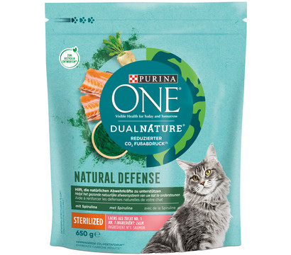 PURINA ONE® Trockenfutter für Katzen DualNature Natural Defense Sterilcat, Adult, Spirulina & Lachs, 650 g