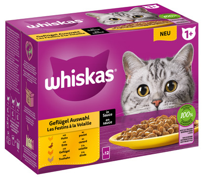 Whiskas® Nassfutter für Katzen Multipack 1+, Geflügel Auswahl in Sauce, Adult, 12 x 85 g