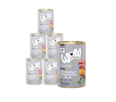 WOW® Nassfutter für Hunde Senior, Ente mit Seealge & Süßkartoffel, 6 x 400 g/800 g