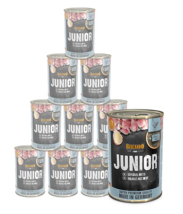 BELCANDO® Nassfutter für Hunde Junior, Geflügel & Ei, 12 x 400 g