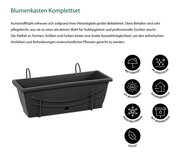 Blumenkasten-Komplettset inkl. Bewässerung und Untersetzer, ca. B 50/H19/T17 cm