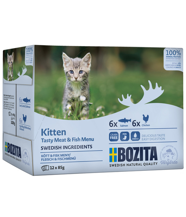 BOZITA Nassfutter für Katzen Multibox Fisch & Fleisch Häppchen in Soße, Kitten, 12 x 85 g