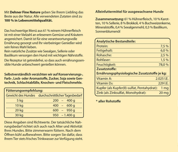 Dehner Fine Nature Nassfutter für Hunde Adult, Huhn mit Karotten, Brokkoli & Basilikum