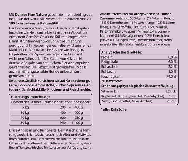 Dehner Fine Nature Nassfutter für Hunde Adult, Lamm mit Kartoffeln, Kürbis & Spinat