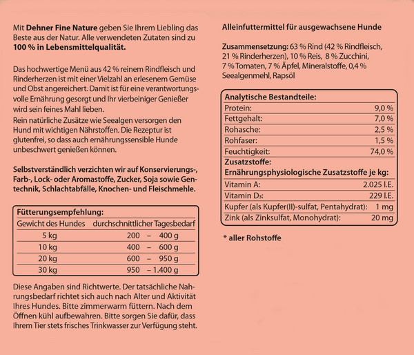 Dehner Fine Nature Nassfutter für Hunde Adult, Rind mit Reis, Zucchini & Tomate