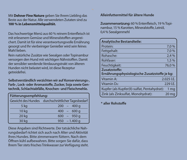 Dehner Fine Nature Nassfutter für Hunde Senior, Ente mit Topinambur & Karotten