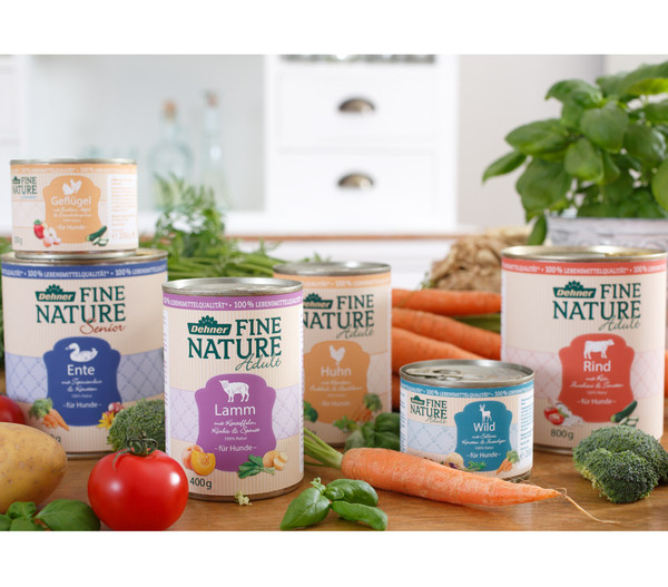Dehner Fine Nature Nassfutter für Hunde Senior, Ente mit Topinambur & Karotten