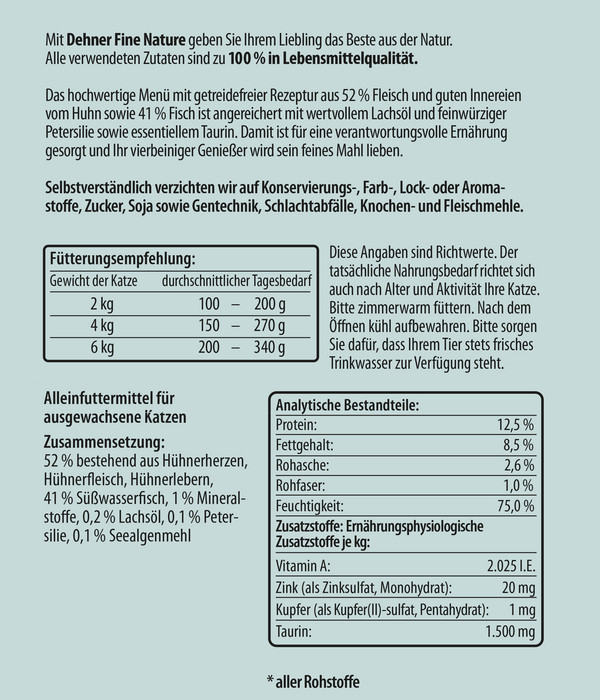 Dehner Fine Nature Nassfutter für Katzen Adult, Huhn & Fisch mit Lachsöl & Petersilie