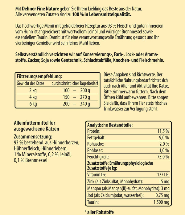 Dehner Fine Nature Nassfutter für Katzen Adult, Huhn mit Leinöl & Brennnessel