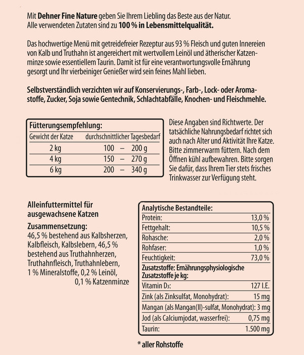 Dehner Fine Nature Nassfutter für Katzen Adult, Kalb & Truthahn mit Leinöl & Katzenminze