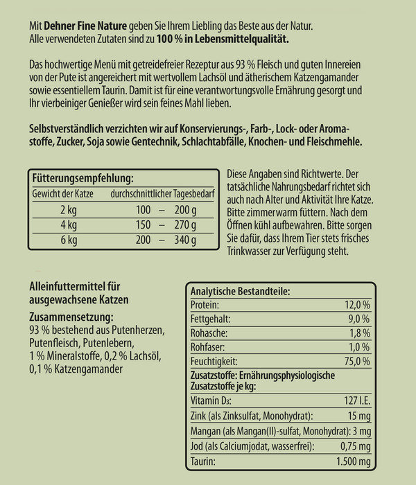 Dehner Fine Nature Nassfutter für Katzen Adult, Pute mit Lachsöl & Katzengamander