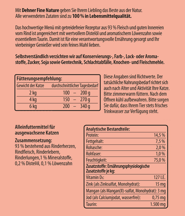 Dehner Fine Nature Nassfutter für Katzen Adult, Rind mit Distelöl & Löwenzahn