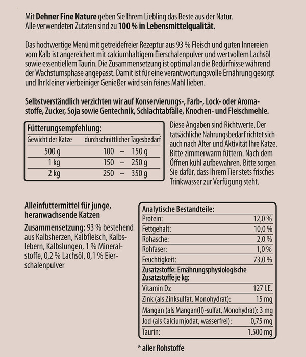 Dehner Fine Nature Nassfutter für Katzen Kitten, Kalb mit Lachsöl & Eierschalenpulver