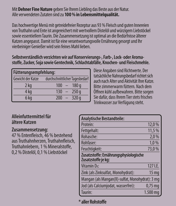 Dehner Fine Nature Nassfutter für Katzen Senior, Truthahn & Ente mit Distelöl & Liebstöckel