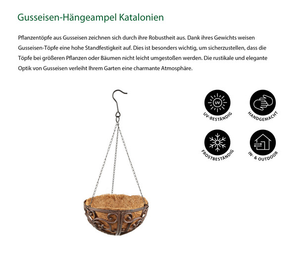 Dehner Gusseisen-Hängeampel Katalonien mit Kokoseinlage, rund, rost, ca. Ø30/H15 cm