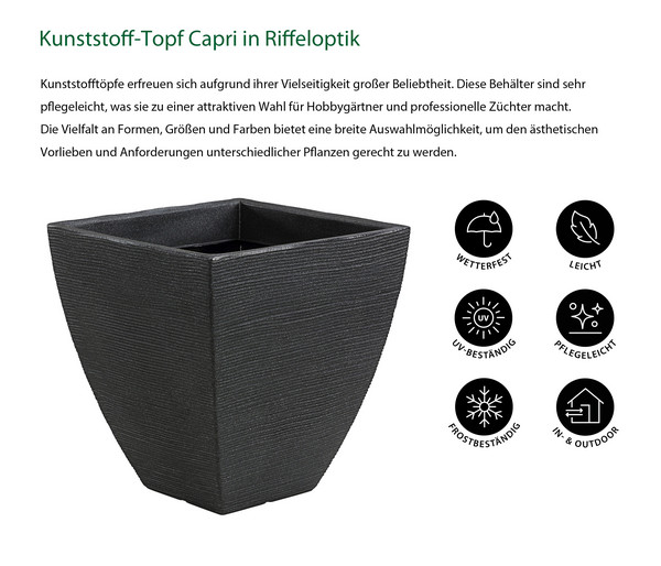 Dehner Kunststoff-Topf Capri in Riffeloptik, anthrazit, ca. B40/H42/T40 cm