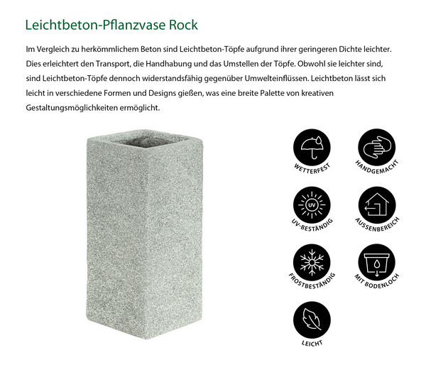 Dehner Leichtbeton-Pflanzvase Rock, quadratisch, grau