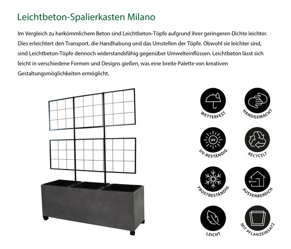 Dehner Leichtbeton-Spalierkasten Milano mit Rollen + 3 Pflanzeinsätzen, grau, ca. B100/H130/T35 cm
