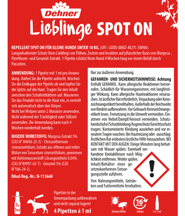 Dehner Lieblinge Floh- und Zeckenschutz Spot On für kleine Hunde, 4 x 1 ml