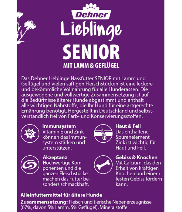 Dehner Lieblinge Nassfutter für Hunde Senior, Geflügel & Lamm, 400 g/800 g