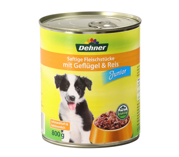 Dehner Nassfutter für Hunde Junior, Geflügel & Reis, 400 g/800 g