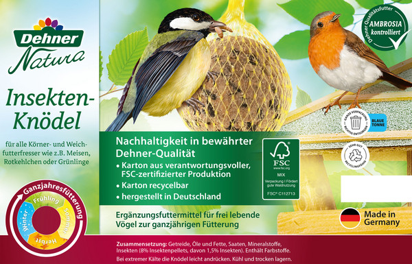 Dehner Natura Wildvogelfutter Insekten-Knödel im Karton, mit Netz, 30 Stk.