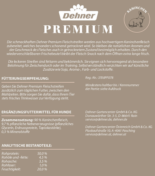 Dehner Premium Hundesnack Fleischstreifen Kaninchen, 170 g