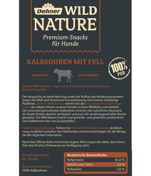 Dehner Wild Nature Hundesnack Kalbsohren mit Fell