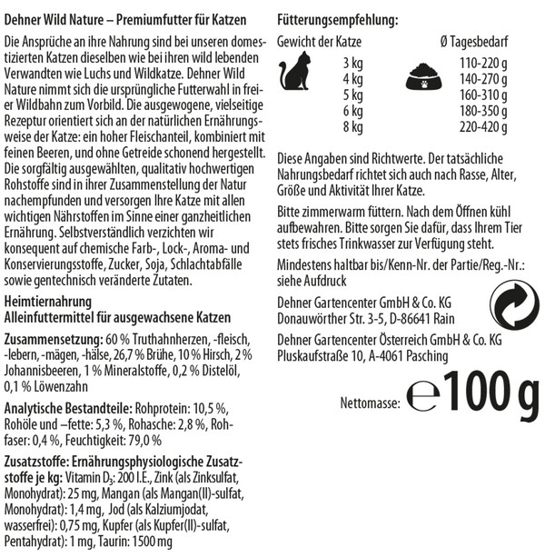 Dehner Wild Nature Nassfutter für Katzen Auwald Adult, Hirsch & Truthahn, 100 g