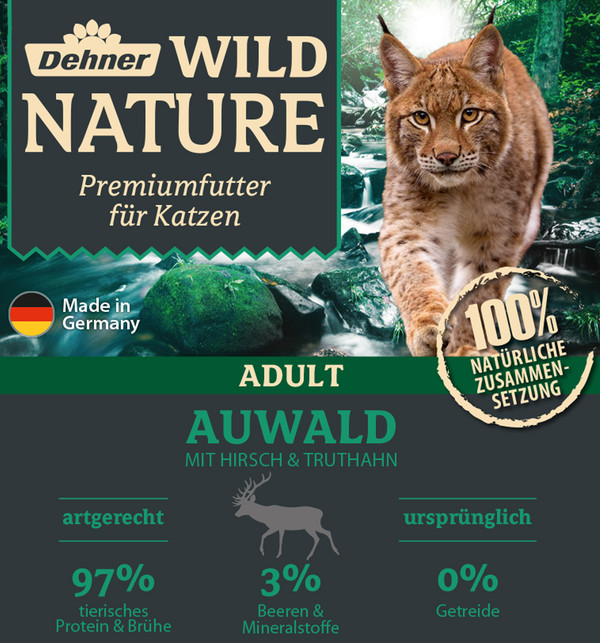 Dehner Wild Nature Nassfutter für Katzen Auwald Adult, Hirsch & Truthahn, 16 x 100 g