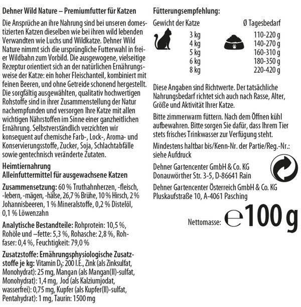 Dehner Wild Nature Nassfutter für Katzen Auwald Adult, Hirsch & Truthahn, 16 x 100 g