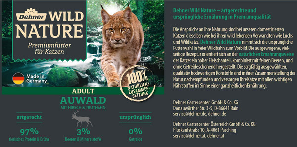 Dehner Wild Nature Nassfutter für Katzen Auwald Adult, Hirsch & Truthahn, 200 g/400 g