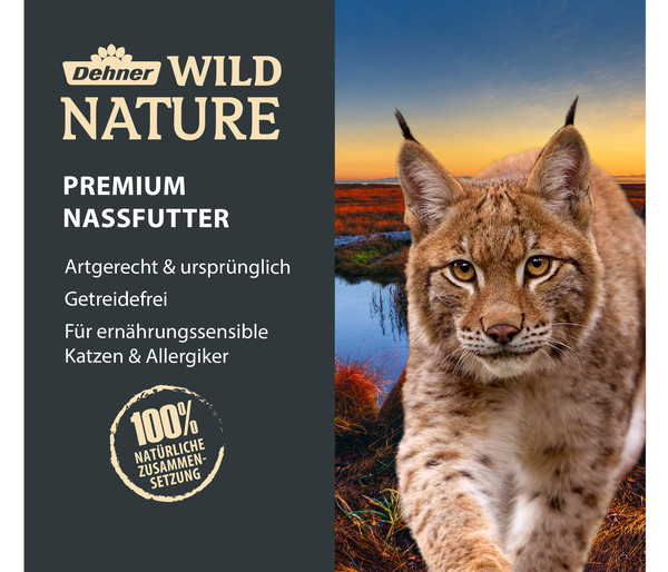 Dehner Wild Nature Nassfutter für Katzen Auwald Adult, Hirsch & Truthahn, 6 x 200 g/400 g