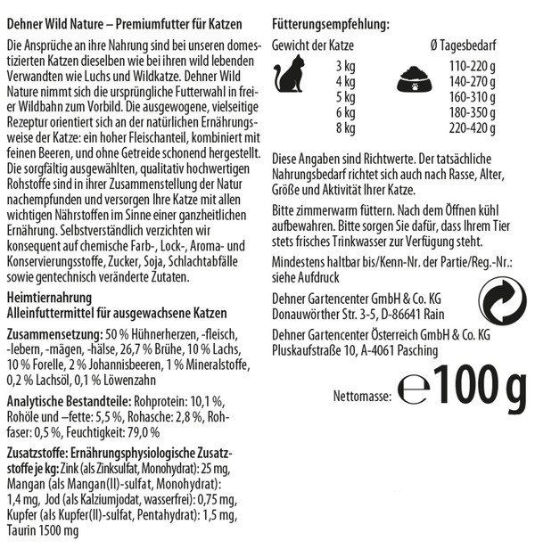 Dehner Wild Nature Nassfutter für Katzen Gebirgssee Adult, Lachs & Forelle, 100 g