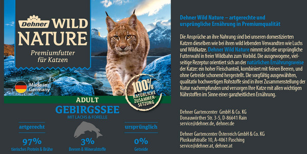 Dehner Wild Nature Nassfutter für Katzen Gebirgssee Adult, Lachs & Forelle, 200 g/400 g