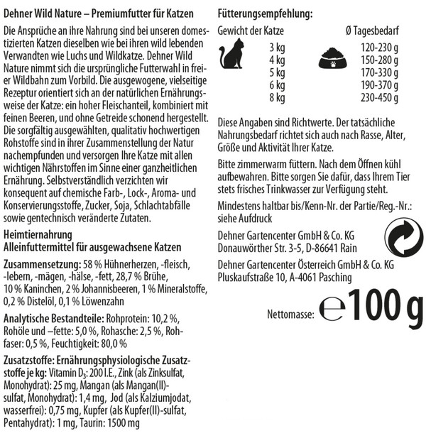 Dehner Wild Nature Nassfutter für Katzen Heidetal Adult, Kaninchen & Huhn, 100 g