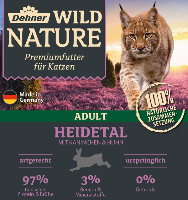 Dehner Wild Nature Nassfutter für Katzen Heidetal Adult, Kaninchen & Huhn, 16 x 100 g