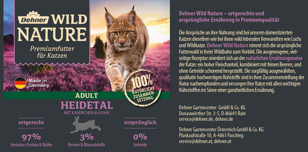 Dehner Wild Nature Nassfutter für Katzen Heidetal Adult, Kaninchen & Huhn, 200 g/400 g