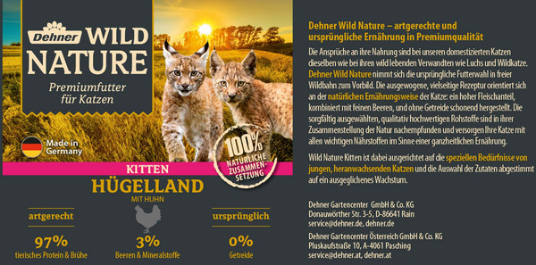 Dehner Wild Nature Nassfutter für Katzen Hügelland Kitten, Huhn, 200 g/400 g