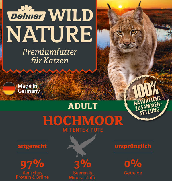 Dehner Wild Nature Nassfutter für Katzen Hochmoor Adult, Ente & Pute, 100 g