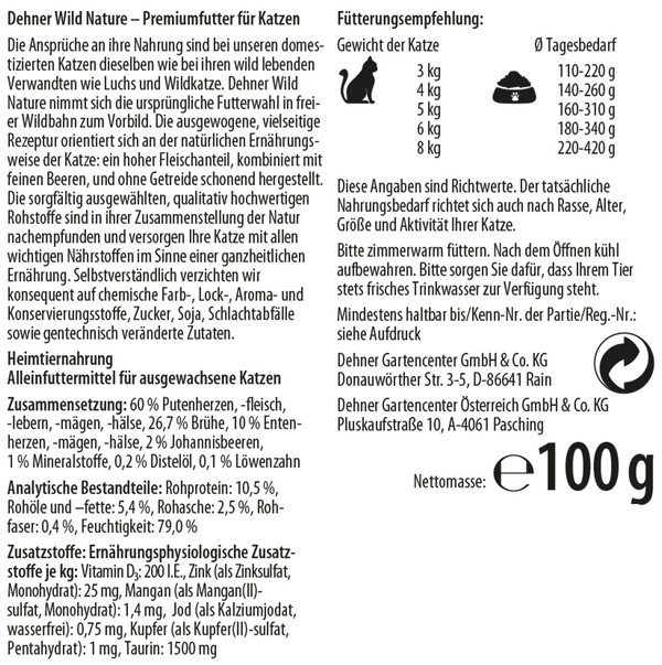 Dehner Wild Nature Nassfutter für Katzen Hochmoor Adult, Ente & Pute, 100 g