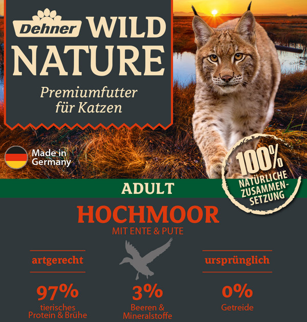 Dehner Wild Nature Nassfutter für Katzen Hochmoor Adult, Ente & Pute, 16 x 100 g